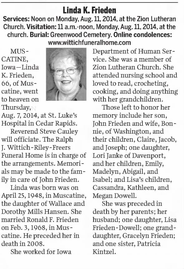 Obituary for Linda K. Frieden, 1948-2014 (Aged 66)